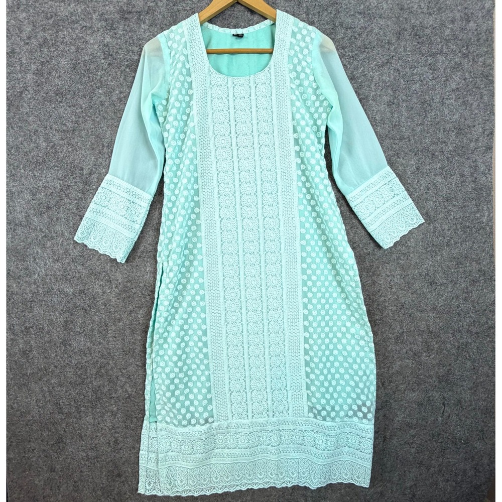 Women Georgette kurti Medium Blue Embroidery Floral Romantic Traditional Elegant